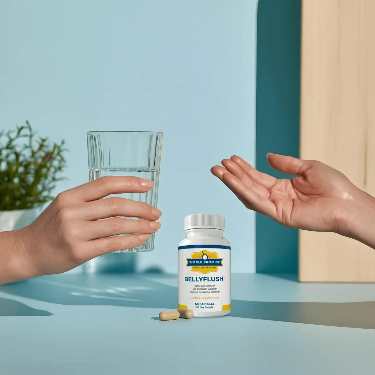 The seller's own product scene: the bottle, two capsules and a glass of water.